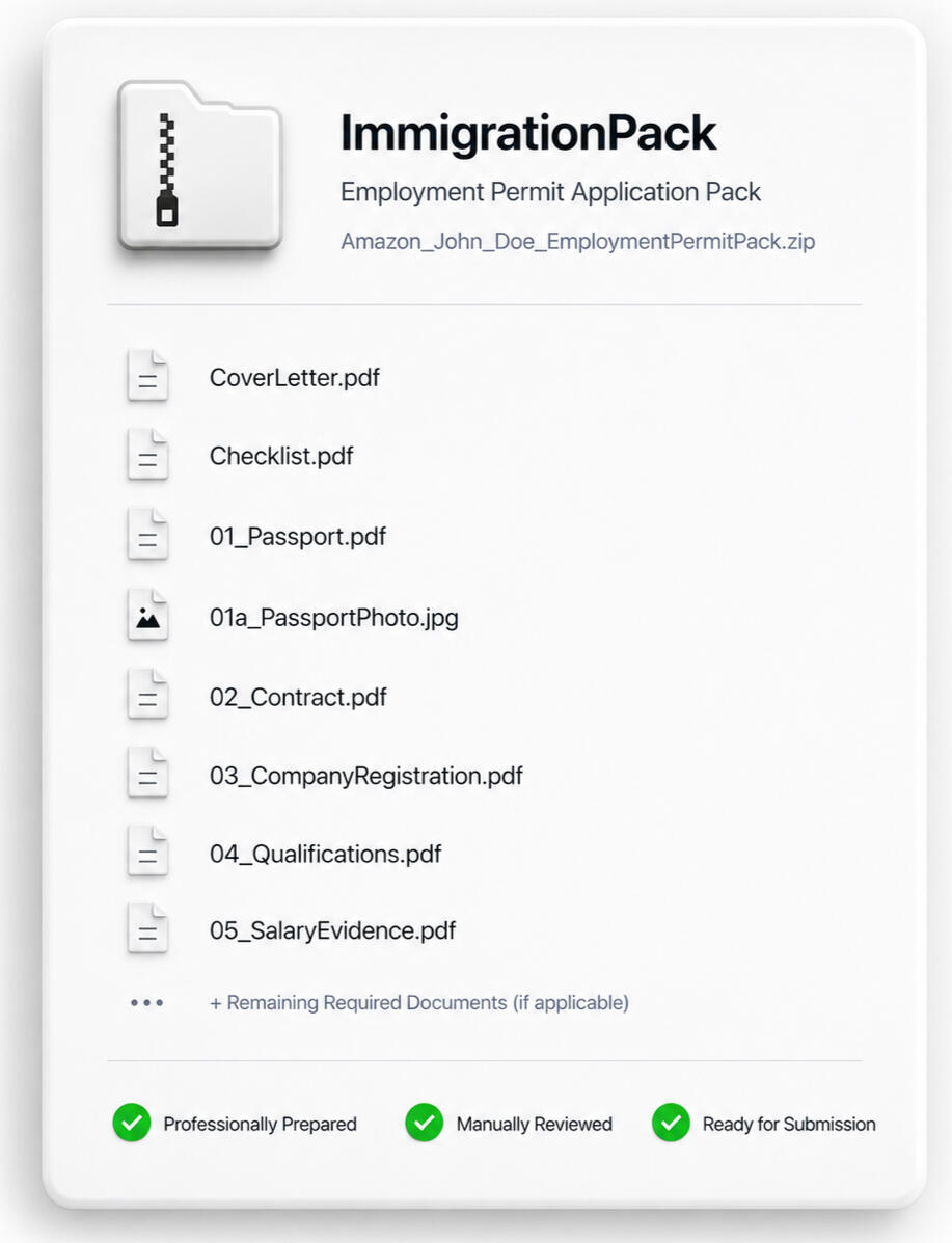 Employment Permit Application Pack Preview Employment Permit application pack prepared by ImmigrationPack